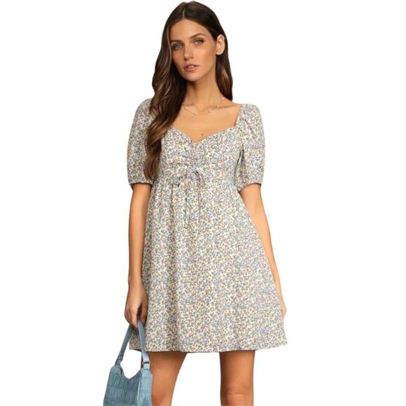 Lulus Sweet For Spring Ivory Floral Puff Sleeve Mini Dress Size M - Picture 1 of 9
